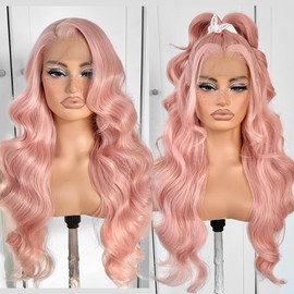 MITIMES 13x6 Pink Wigs Glueless HD Lace Front Wigs Pre Plucked Synthetic Body Wave Wear And Go Lace Front Wig For Cosplay Party Light Pink Wig With Natural Hairline For Fashion Women