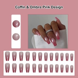 ANDGING Coffin Press on Nails Ombre Pink Short Medium Fake Nails for Women Square Fake Nails with Classy Designs Aesthetic Full Cover stick on nail for Wedding Gel Acrylic Manicure False Nails