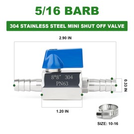 TAISHER 1PCS 304 Stainless Steel 5/16" Mini Ball Valve Shut Off Switch, 5/16” Hose Barb with 2PCS Hose Clamps