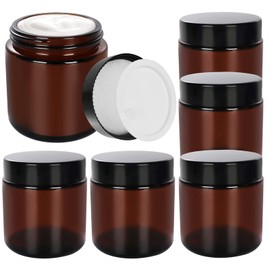 SHiZAK 120ml 4 oz Amber Round Glass Jars with Black Lids and White Inner Liners Great Perfect for Cosmetics and Face Cream Lotion and Personal Care Products and More (Pack of 6)