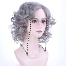 WAVELNM Kids Grandma Costume Wig Gray Old Lady Wig for Girls Child Granny Costume Wig Kids Grey Curly Wavy Wig Synthetic Wigs with Wig Cap