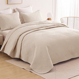 Whale Flotilla Queen Quilt Set, Soft Lightweight Quilts Bedspreads Coverlet with Embossed Pattern, Bedding Sets with 2 Pillow Shams, Reversible Bed Cover for All Seasons, 96x90 Inches, Brich Beige