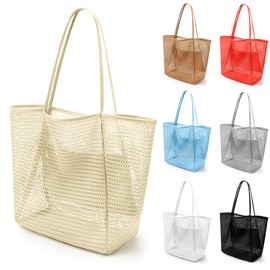 VOROLO Mesh Tote Beach Bag,Women Fairycore Hobo Bag,Shoulder Bag,Soft Summer Casual Crochet Bags(Beige), Beige, Large