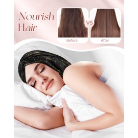 Miss Adola Silk Bonnet for Sleeping - Mulberry Silk Hair Bonnet for Women Sleeping Cap with Silk Hair Scrunchie & Eye Mask 19 Momme Night Cap with Elastic Stay On Head for Curly Hair Care, Black Sun