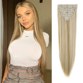Dcbaboo Hair Extensions Clip in 8PCS 24 inches Long Straight Clip in Hair Extension Synthetic Fiber Fake Hair Pieces for Women Clip in Extensions Full Head Natural Hairpiece, Dark Blonde/Bleach Blonde