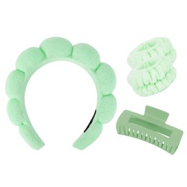 Wecoe Spa Headband And Wristband Set Skincare Headband For Washing Face Hair Claw Clips For Thick Hair Cute Green Puffy Sponge Makeup Headband Bubble Headband Wrist Towels Scrunchies For Women Girls