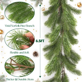 6.5Ft Christmas Norfolk Pine Garland, Real Touch Norfolk Pine Garland, Artificial Realistic Pine Garland for Holiday Mantel Fireplace Christmas Table Home Outdoor