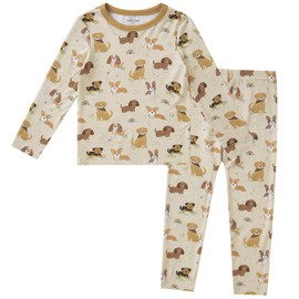 pureborn Kids Viscose From Bamboo Pajamas Set Pjs - Little Girl Boy Long Sleeve Snug Fit Soft Sleepwear 2pcs Khaki Puppies 6-7 Years