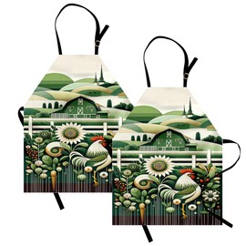 Ambesonne Farmhouse Apron, Scandi Boho Style Country Fields and Rooster with Leafy Sunflower Garden, Unisex Kitchen Bib with Adjustable Neck for Cooking Gardening, Adult Size, Peacock Green Beige