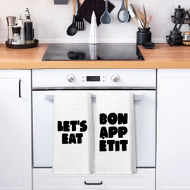 PIUD Black and White Kitchen Towels, Mid Century Minimalist Neutral Dish Tea Towels for Kitchen Decor, Bon Appetit Let's Eat French Quote Decorative Hand Towels, 16x24 Inch Set of 2