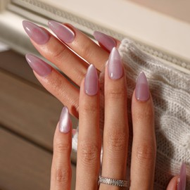 KQueenest Cat Eye Press on Nails Almond Medium, Bling Dark Pink False Nails with Glue, Glazed Sparkly Glass Fake Nails Press ons, Reusable Soft Gel Stick on Nail for Women Summer, 30 Pcs