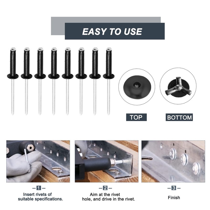 HARSKIYER 50Pcs 3/16" x 1" Tri Grip Rivets Assortment, Black