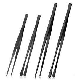 Zalizr 4 Pcs Black Stainless Steel Kitchen Tweezers Tongs, 25 CM & 30 CM Culinary Precision Straight Tongs, Serrated Tip and Round Tip Tweezer Set for Cooking, Bartending, BBQ, and Repairs