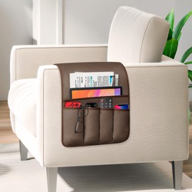 WETRBWEH Remote Control Holder for Armchair Caddy，Couch Caddy Organizer TV Remote Holder for Bed Storage 5 Pockets，Remote Caddy Bedside Organizer Bedside Table Organizer (Brown, 35"x12.4")