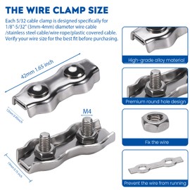 20Pcs M4 304 Stainless Steel Duplex Wire Rope Clips, Duplex Double Bolt Cable Clamps, Reusable 2-Post Wire Rope Clip for 5/32 Inch (3mm-4mm) Wire Cable/Wire Rope, Wire Clamp Tool for Outdoors
