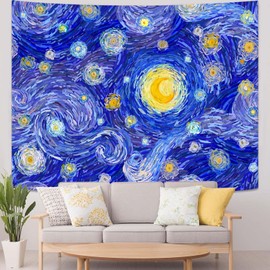 Accnicc Starry Night Tapestry Vincent Van Gogh Wall Tapestries Aesthetic Abstract Star Blue Sky Oil Painting Landscape Ceiling Hippie Tapestrys for Bedroom Living Room Dorm 80 x 60 Inch