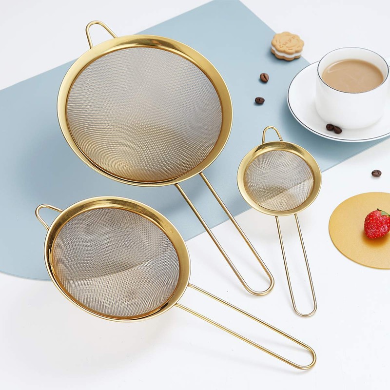 Kyraton Gold Fine Mesh Strainer 3 Pieces Set, Golden Flour