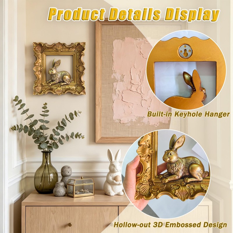 Rabbit Wall Decor with Gold Frame, Baroque Resin Bunny Wall