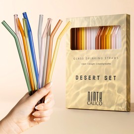 10 Pcs Reusable Glass Drinking Straws, Colorful and Durable Glass Straws for Beverages, Smoothies, Iced Coffee, Juice, Set of 10-5 Straight, 5 Bent, 2 Cleaning Brushes (Desert Set)