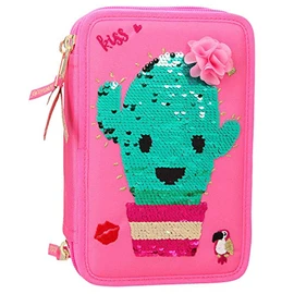 Depesche TOPModel 10418 Pencil Case with 3 Compartments with Cactus Made of Sequins, Colourful