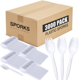 Eaasty 3000 Count Plastic Disposable Sporks Bulk White Cutlery Spork 2 in 1 Heavy Weight Fork Spoon for Outdoor Activities School Picnics Parties Restaurants