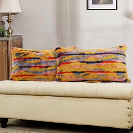 BYTIDE Multi Jacquard Faux Fur Decorative Lumbar Throw Pillow Covers 14 x 26 Inches Set of 2, Furry Fluffy Plush Soft Luxury Cushion Case Pillowcase for Couch Bed Car Bedroom Living Room, Orange Multi