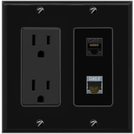 RiteAV 15A Power Outlet 1 Port CAT6 1 CAT7 Jack Decorative Wall Plate [Black]