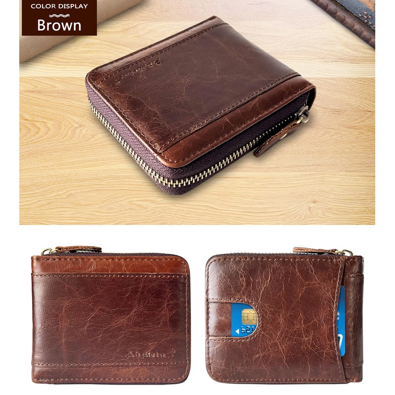 Wallet for Men Bifold Genuine Leather Zipper Wallet RFID Blocking