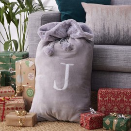 Celebright Christmas Sack with Embroidered Letter 'M' - Festive Holiday Décor for a Memorable Celebration - Faux Fur - Grey