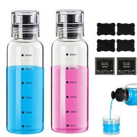 Suaetiai Glass Mouthwash Dispenser for Bathroom, 10.8oz Mouth Wash Container Bottle with Lid Cup, Refillable Glass Mouth Wash Decanter, Clear Mouth Wash Bottle for Countertop/6 Pcs Label-2 Pack