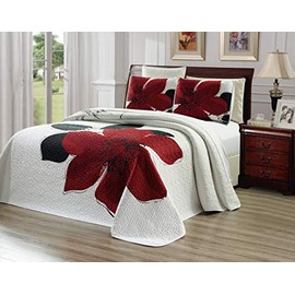 Grand Linen 3-Piece Fine Printed Oversize (100" X 95") Quilt Set Reversible Bedspread Coverlet Full/Queen Size Bed Cover (Burgundy Red, Black, White, Floral)