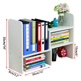 GKYMYZ Desk Organizers and Storage,Adjustable and Expandable Desktop Bookshelf, Multifunctional Wooden Desktop Display Shelf, Suitable for Office Supplies,Home Decoration (White)