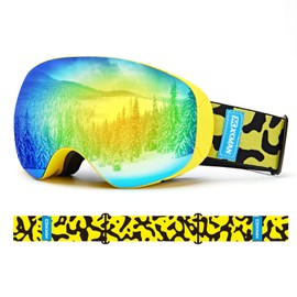 XCMAN OTG Ski Snowboarding Snow Goggles, Magnet PRO Double Lens Spherical Design Anti-Fog Goggles, UV Protection Goggles, 100% Protection Anti-Slip Strap for Men Women and Youth (Gold-VLT6%)