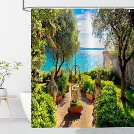 OCEUMACO Garden Shower Curtain Outdoor for Wet Room Outside Extra Wide Fabric 3D Green Blue Italy Flower Picture Scene Bathroom Curtains 240 x 200 cm Anti Mould Waterproof with Hooks
