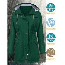 LOMON Raincoat Women Waterproof Long Hooded Trench Coats Lined Windbreaker Travel Jacket Deep Green L