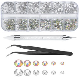 Nail Art Rhinestones, Nail Gems, Flat Back Nail Art Crystals, AB Shiny Nail Crystals Gems with Rhinestone Picker Dotting Pen and Pick Up Tweezers, for Nail Art, Face, Teeth, DIY Crafts