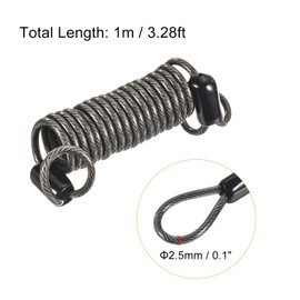 PATIKIL Security Steel Cable 2.5mm x 1m/3.28ft Coated Spring Luggage Lock Wire Rope with Double Loop Black