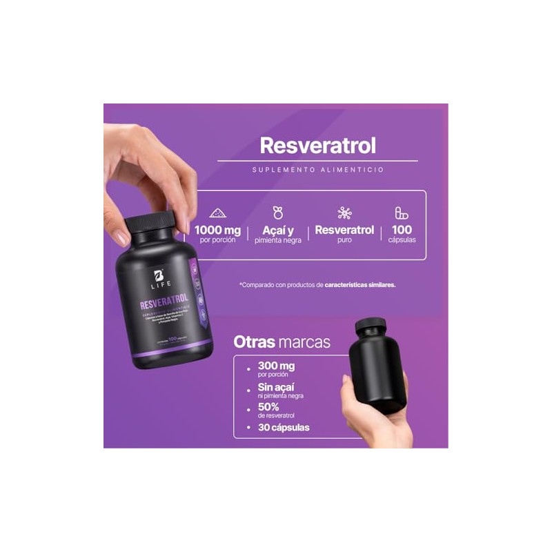 Life Resveratrol 100 Cápsulas Antioxidante Pimienta Negra Uva Roja Acai