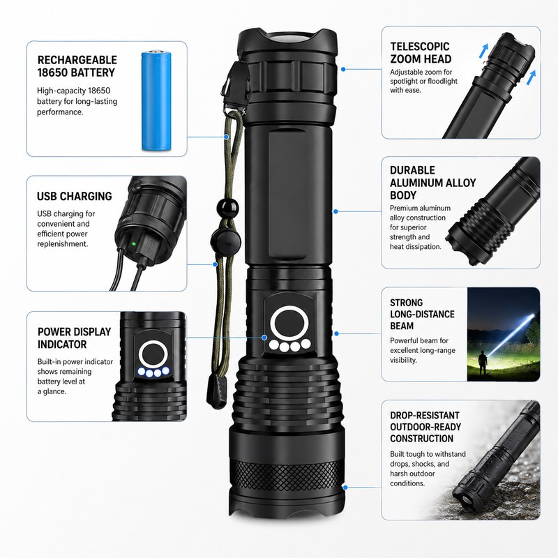 Rechargeable LED Flashlight for Outdoor Use – Aluminum Alloy Zoom