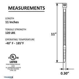 Kable Kontrol Heavy Duty Cable Zip Ties 100 Pcs 11 Inch, Natural White, 120 Lbs Tensile Strength, Self-locking Nylon Clear Plastic Wire Ties wraps for Indoor or Outdoor Use