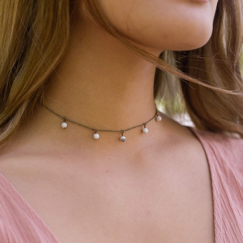 Howlite Bead Drop Choker in Bronze