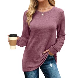 WIHOLL Womens Long Sleeve Tops Dressy Casual Fashion Tshirts Round Neck Solid Color Tee Red L
