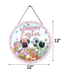 Happy Easter Cartoon Mouse Front Door Sign, Bunny Eggs Outdoor Porch Decor, Wooden Wreath Indoor Wall Decor 12x12 inch