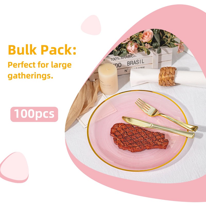 100PCS Transparent Pink Gold Plastic Plates, 10in Dinner Plate