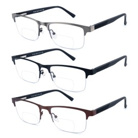 SOPHILY 3 Pack Bifocal Reading Glasses for Men Metal Half Frame Bi-focal Readers Clear Top Far/Near Dual-use Eyeglasses,Black/Brown/Gun metal, +1.0