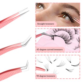 Nogeqi 4 Pack Fiber Tip Lash Tweezers for Eyelash Extensions, Stainless Steel Eyelash Tweezers with Precise Tips, Straight Curved 45 90 Degree and L-Shape for Volume & Classic Lashes (Pink)