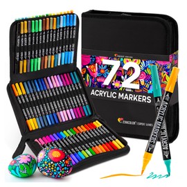 Zenacolor 72 Acrylic Pens for Stones Waterproof with Double Tip (Fine Tip and Brush) for Drawing Various Surfaces - Acrylic Paint Marker with a Bag