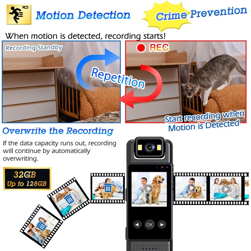 Body Camera, 1080P Police Camera Video and Audio Motion Detection