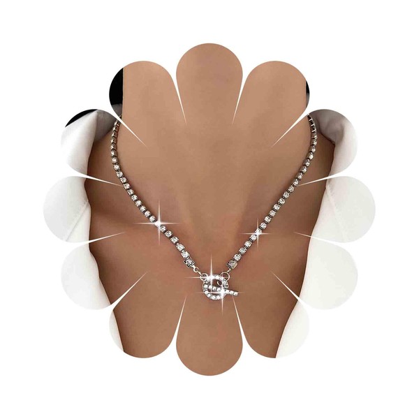 Sttiafay Rhinestone Tennis Choker Necklace Silver Crystal Toggle Clasp Necklace