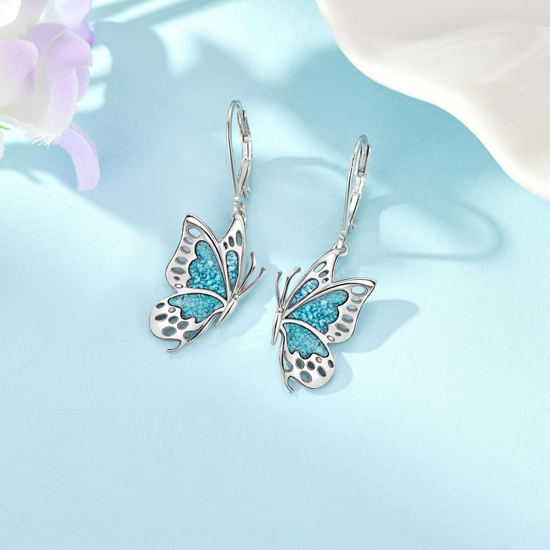 MONGAS Butterfly Earrings Sterling Silver Created Turquoise Drop Dangle Earrings